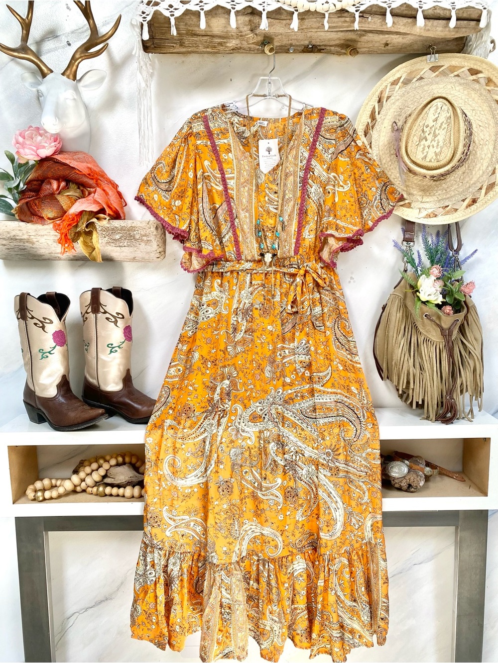 Mandarine SILK Paisley Boho copper accents Dress Gypsy southwestern hippy vibe